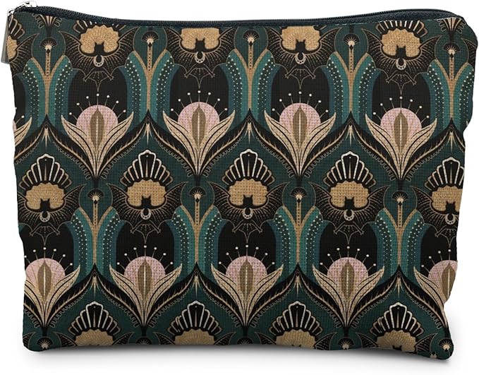 RYYCDOI Witchy Goth Makeup Bag, Vintage 1920s Bats and Flowers Aesthetic Cosmetic Toiletry Bag for Women