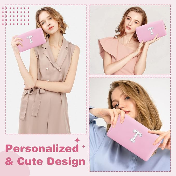 ChaoGreat Bride Gifts – Personalized Initial Makeup Bag with Pearl Rhinestone Patch, Preppy Pink Monogram Cosmetic/Toiletry Pouch, bridesmaid Gifts, Bridal Shower Gifts, Wedding Gifts, Bridal Gifts,T