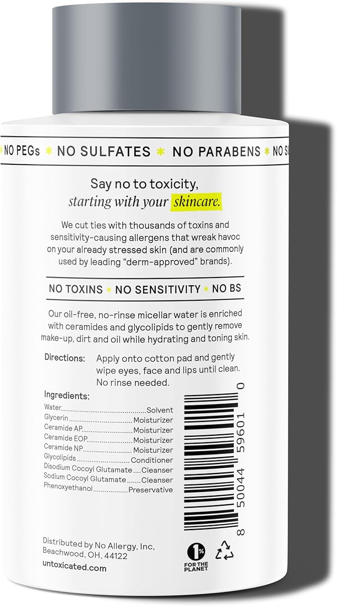 Untoxicated Micellar Water - Gentle Makeup Remover, No Rinse Cleanser & Toner for Sensitive Skin - No Common Irritants - Free From Alcohol, Oil, & Fragrance - 7 Ounce