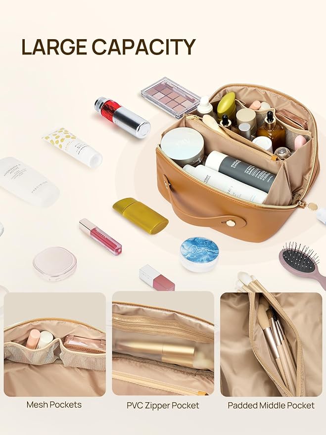 Telena Leather Make Up Bag Portable Travel Makeup Bag Waterproof Cosmetic Bags for Women Large Capacity With Handle and Divider Open Lay Flat