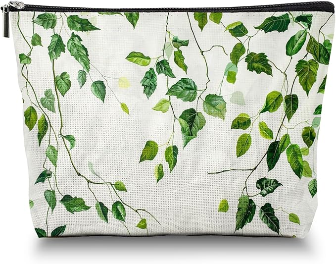 Scribesense Makeup Bag Travel Cosmetic Bags Small Makeup Case Waterproof Zipper Pouch for Women Girls 7X9inches - Green Ivy Leaves Cascading on White