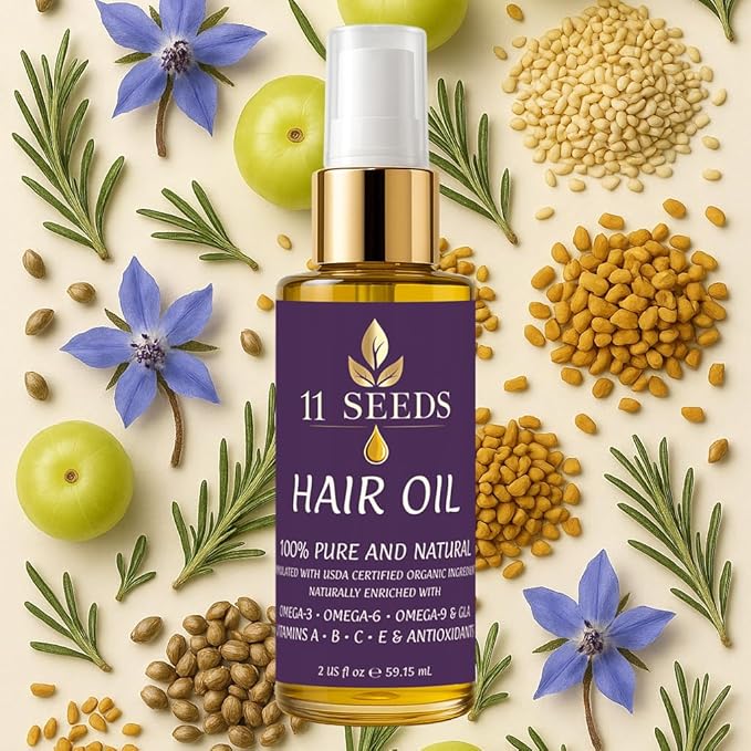 11 Seeds Organic Hair Oil for Frizz Control-Damaged Hair, Shine, Color Safe