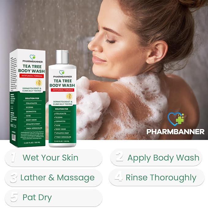 PHARMBANNER Tea Tree Antifungal Body Wash – Soothes Folliculitis, Acne, Jock Itch, Athlete’s Foot, Ringworm, Tinea Versicolor, Body Odor, Eczema & Dermatitis-Prone Skin