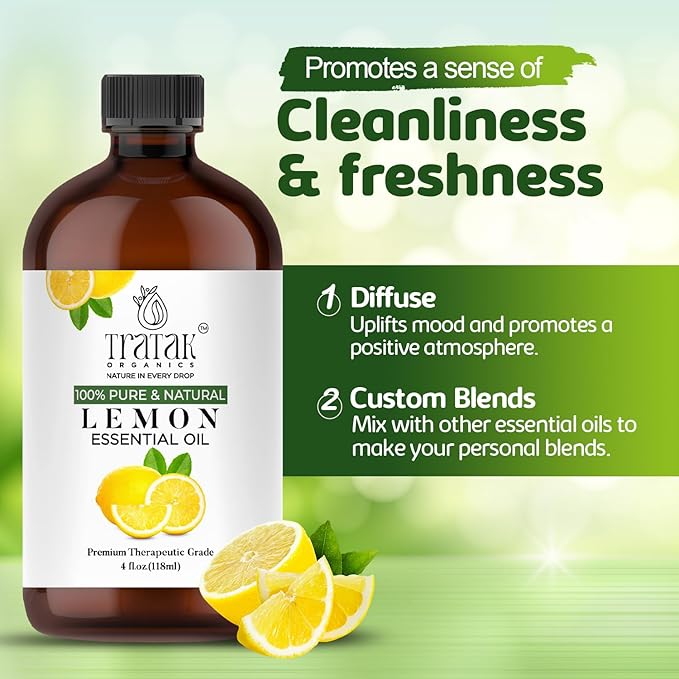 TRATAK ORGANICS Lemon Essential Oil with Glass Dropper - Huge 4 Fl Oz - 100% Pure and Natural Lemon Oil - Premium Grade Essential Oils for Diffuser, Aromatherapy, Soap and Candle Making
