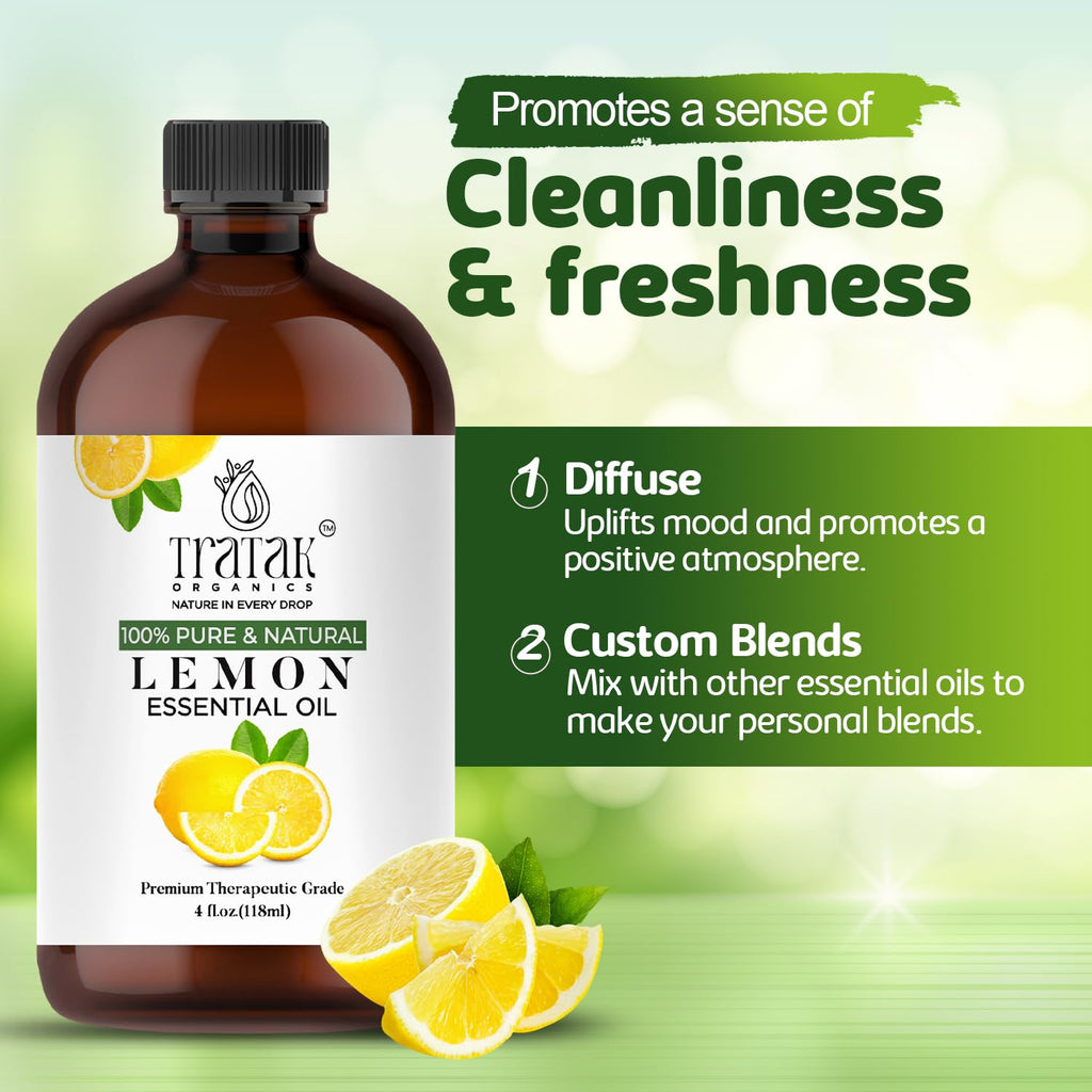 TRATAK ORGANICS Lemon Essential Oil with Glass Dropper - Huge 4 Fl Oz - 100% Pure and Natural Lemon Oil - Premium Grade Essential Oils for Diffuser, Aromatherapy, Soap and Candle Making