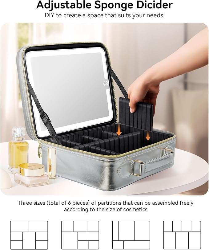 JUSRON Portable Makeup Artist Organizer Bag with Adjustable Dividers, Makeup Brush Holder Storage (Sliver, Large)