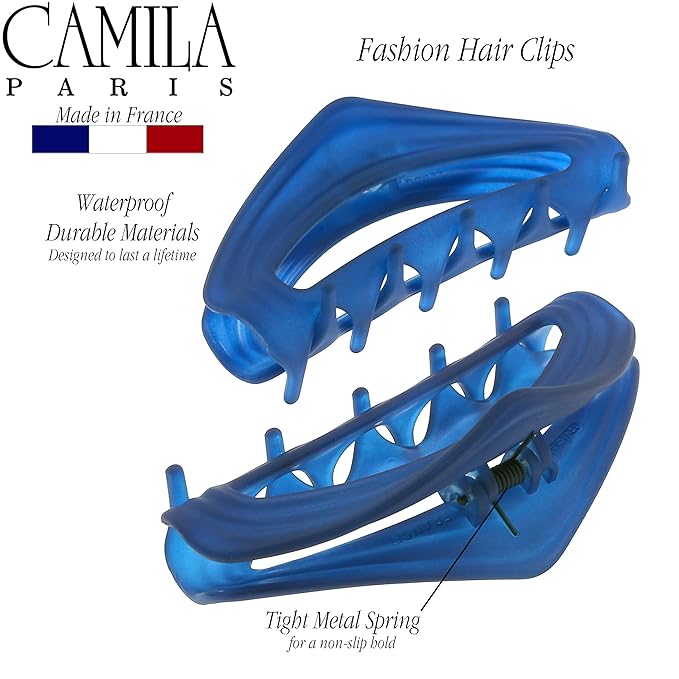 Camila Paris CP3532 French Hair Clips for Women, 3" Blue, Medium Claw Clip Strong Hold All Day, No Damage No Slip Claw Clips for Thick Curly Wavy Fine Straight Hair, Jaw Clip Made in France