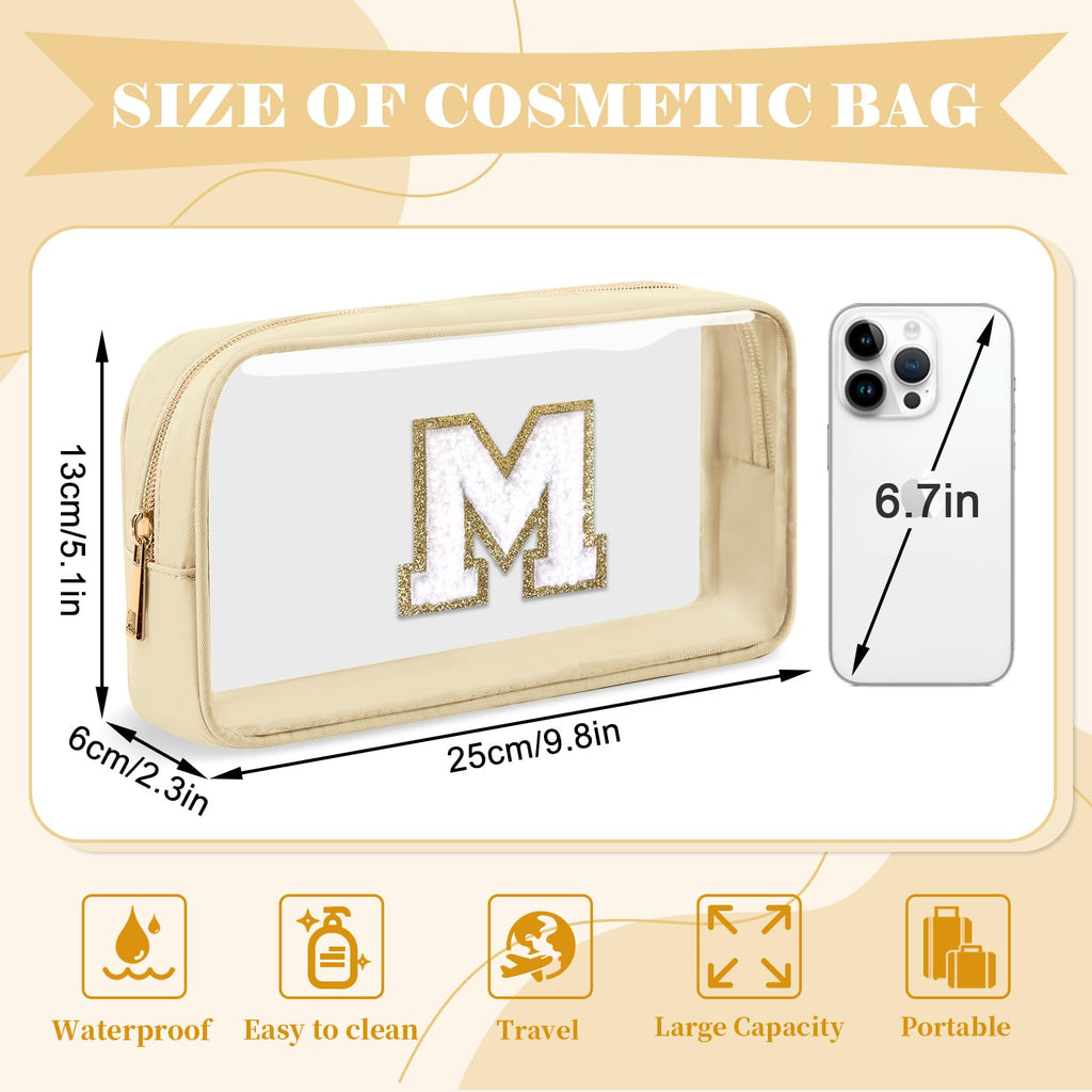 Personalized Initial Letter Clear Makeup Bag,Preppy Small Nylon&PVC Cosmetic Zipper Bag with Chenille Letter,Portable Beach Travel Skincare Toiletry Bag,Trendy Monogram Gift for Teen Girls Women,M