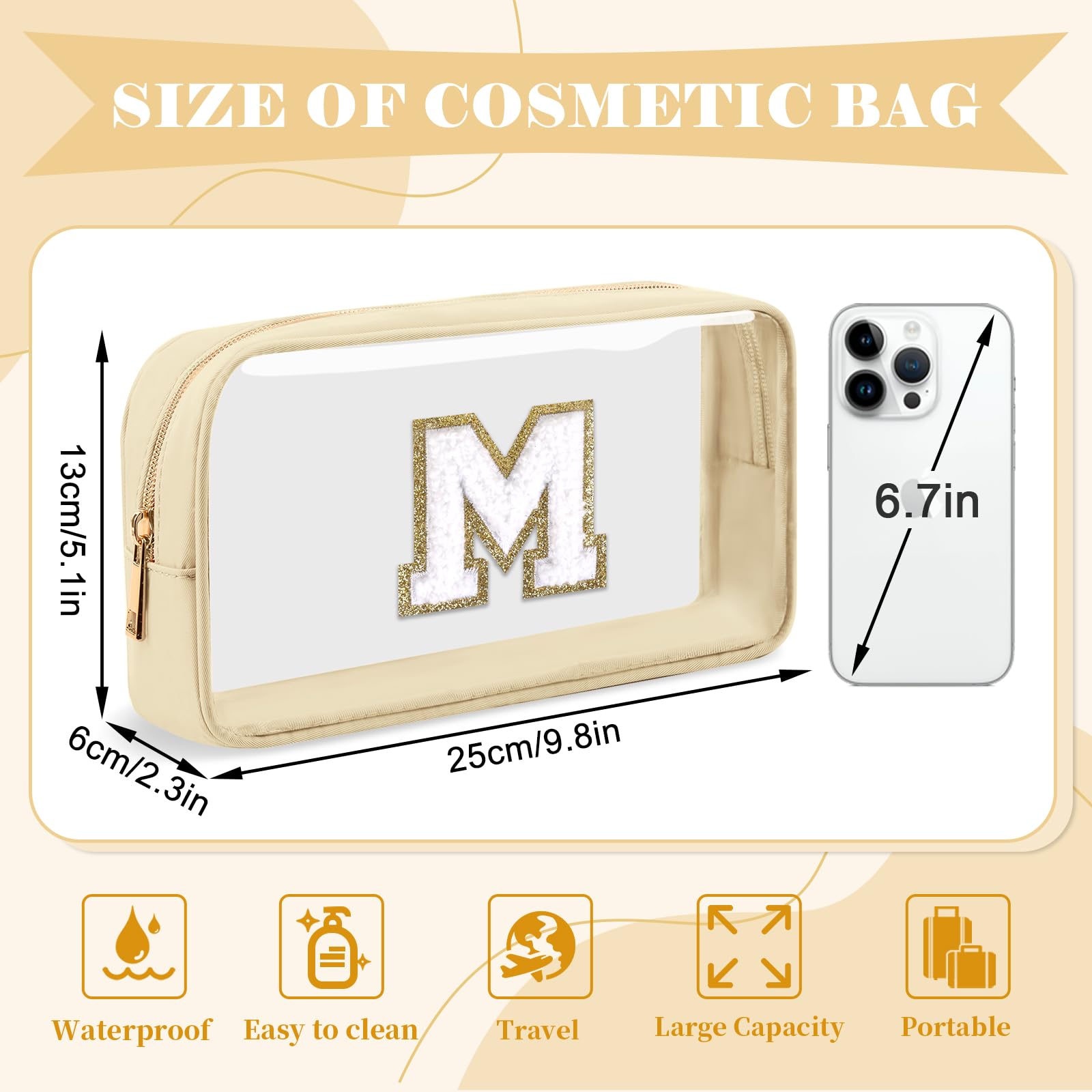 Personalized Initial Letter Clear Makeup Bag,Preppy Small Nylon&PVC Cosmetic Zipper Bag with Chenille Letter,Portable Beach Travel Skincare Toiletry Bag,Trendy Monogram Gift for Teen Girls Women,M