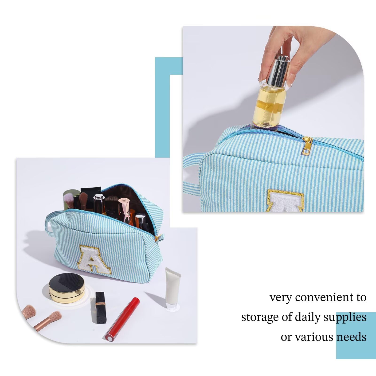 YOOLIFE Gifts for Women Teen Girls Kids - Initial Makeup Bag Cosmetic Bag Toiletry Pouch, Personalized Birthday Gifts for Women Girls Mom Daughter Sister Friends, Light Blue M