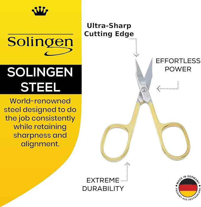 Camila Solingen CS03 Professional Nail Cuticle Scissors, Hypoallergenic Gold Plated Sharp Curved Manicure Pedicure Grooming for Finger and Toe Nail Care. Made of Carbon Steel in Solingen, Germany