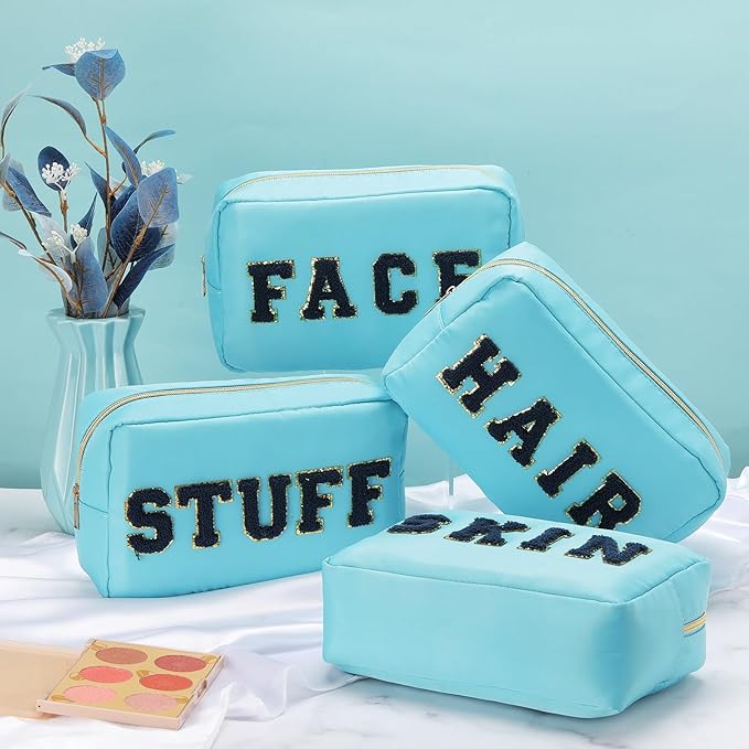 Remerry 4 Pcs Nylon Makeup Bags Waterproof Spacious Travel Cosmetic Bag for Women Chenille Letter Preppy Zipper Pouch Face Stuff Skin Hair Organizer Gift(Blue Color)