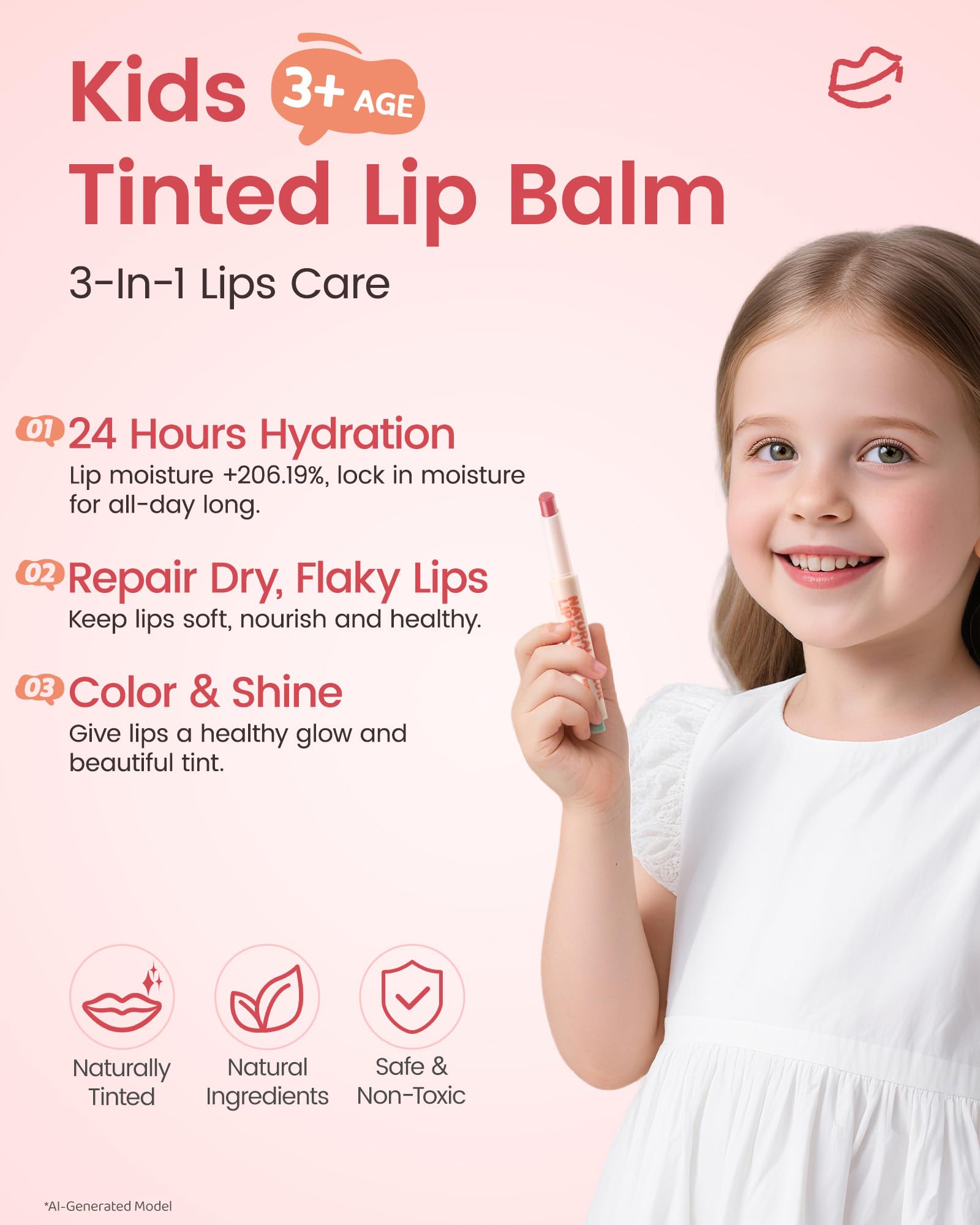 RUNBEN Kids Tinted Lip Balm, Juicy Pomegranate Lipstick