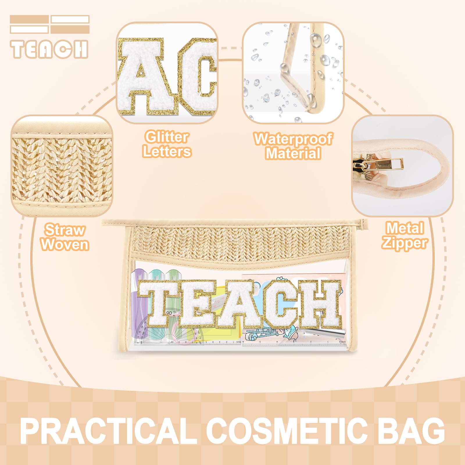 Teacher Appreciation Gifts Boho Straw Clear Makeup Bags, Zipper Cosmetic Bag Chenille Letter Patch Bag, Preppy Cute Beach Toiletry Pouch, Trendy Graduation Retirement Birthday Teacher Gifts for Women