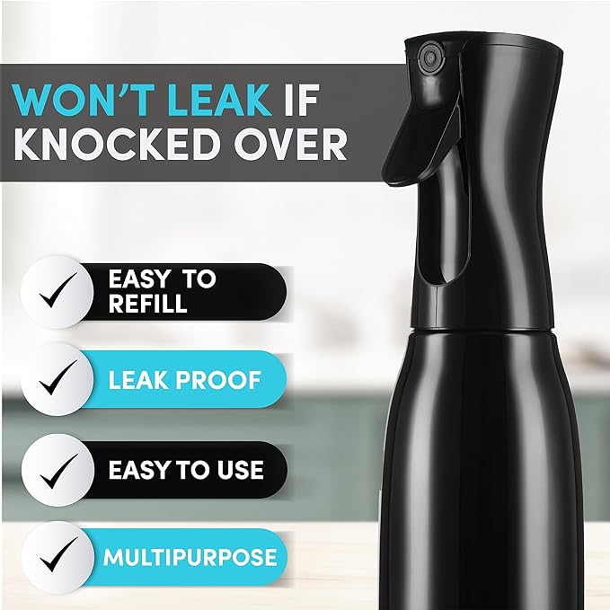 Hula Home Spray Bottle for Hair (20oz/590ml) - Continuous Ultra Fine Mist Sprayer – For Hairstyling, Cleaning, Salons, Plants, Essential Oil & More - Black