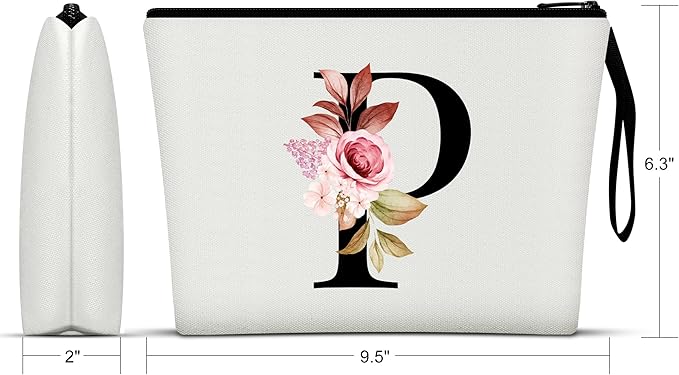Vavabox A-Z Personalized Makeup Bag, Birthday Gifts for Women Mom, Gifts for Best Friend, Bride Bridesmaid Cosmetic bag (P, 01-White)