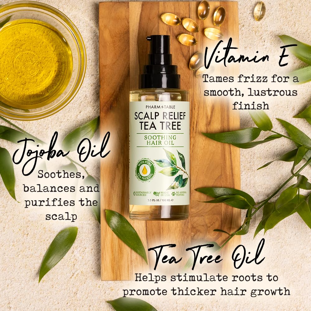 PHARM TO TABLE Tea Tree Hair Oil for Itchy Scalp - Infused With Tea Tree Oil, Mint, Vitamin E, and Jojoba Oil, 100ml