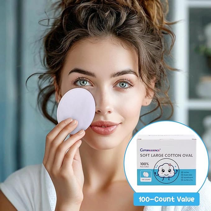 Cottonessence Oval Cotton Pads (100-Count)- 100% Pure Cotton, Gentle Enough for Babies, Soft Texture, Large Size, Lint-Free, Double Sided, Hypoallergenic, Use Wet or Dry