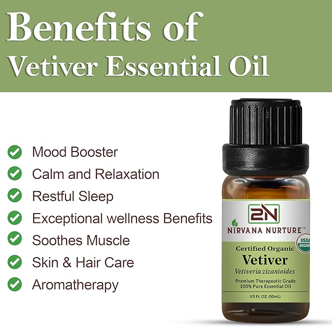 Nirvana Nurture Vetiver Essential Oil, USDA Certified Organic, 100% Pure Undiluted, Aromatherapy Oil for Diffuser, Hair & Skin Care