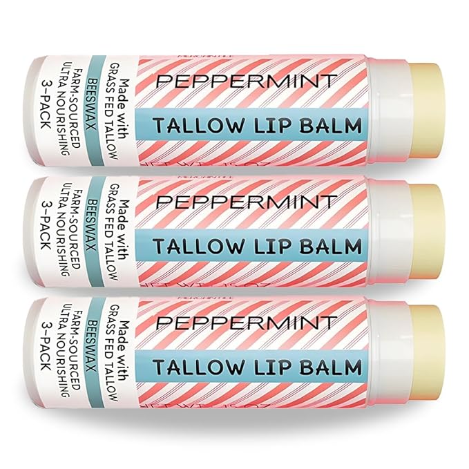 Tallow Lip Balm by Cattle Creek – All-Natural Ingredients, Long-Lasting Moisture and Hydration for Dry, Cracked, and Chapped Lips, Soothing Formula for Soft Skin (Pack of 3, Peppermint)