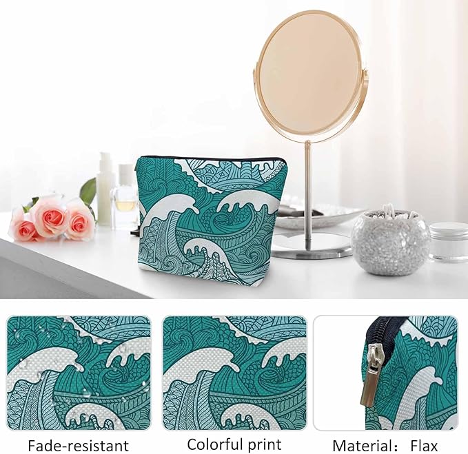 Kalygon Women Makeup Organizer Bag Ocean Waves, Japanese Great Wave Ocean Sea Waves Flax Cosmetic Bag Makeup Bags Toiletry Bag Accessories Organizer Travel Bags For Home Bathroom Office Hotel Gym