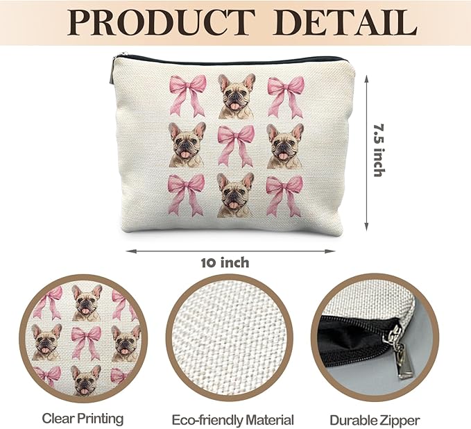Likjad French Bulldog Makeup Bag, Coquette Pink Bow Frenchie Dog Cosmetic Bags for Women, French Bulldog Gifts Makeup Pouch, Frenchie Mom Gifts Zipper Pouch
