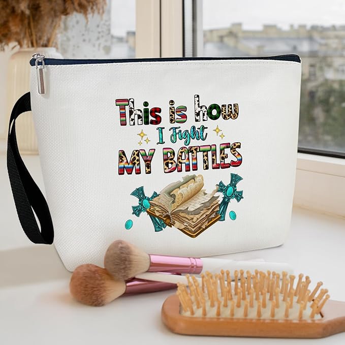 BSNZZIO Christian Cosmetic Bag for Women,Bible Verses Gifts for Friend Mother Coworker Travel Essentials Purse Toiletry Pouch Cosmetic Bag with Zipper(This is How I Fight my battle)/35