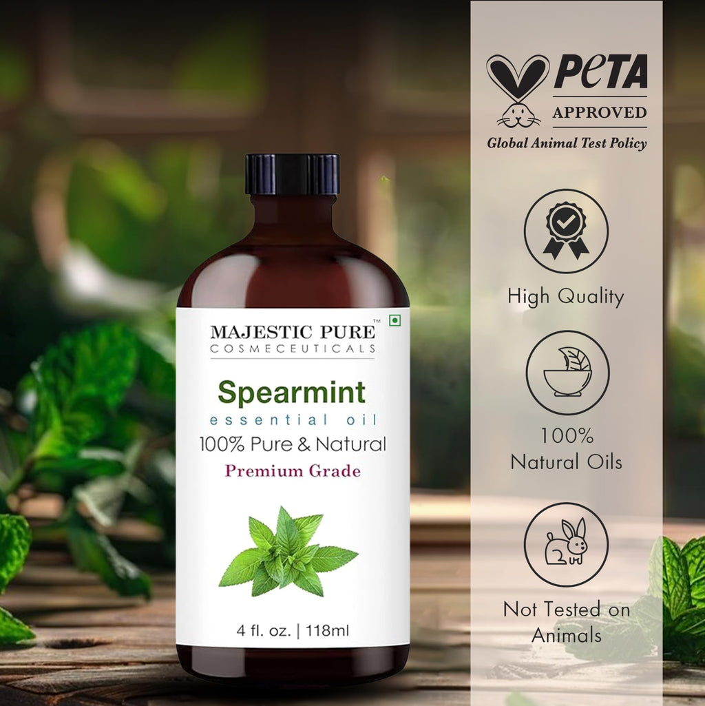 Majestic Pure Essential Oil with Glass Dropper - 100% Pure and Natural - Essential Oils for Diffuser, Aromatherapy, Soap and Candle Making, Spearmint Essential Oil, Spearmint Oil, 4 Fl Oz