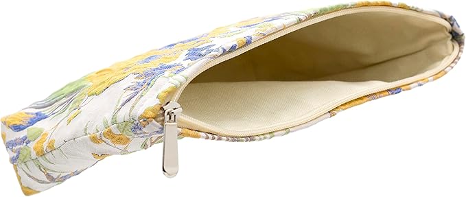 Flat Makeup Bag for Women,Zipper Cosmetic Pouch Purse,Brocade Flower Yellow