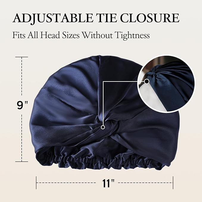 SYSERAN 100% Mulberry Silk Bonnet for Sleeping - Women Natural Curly Hair Night Cap Luxury Sleep Head Wrap with Elastic Band(Navy Blue)