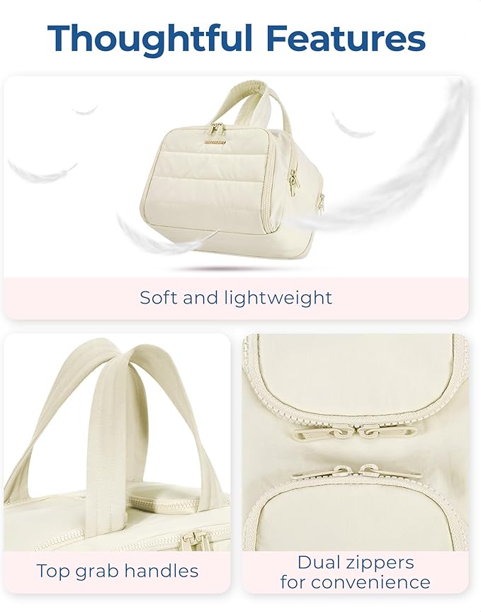 BAGSMART Travel Toiletry Bag, Crush Toiletry Bag for Women, Wide-open Puffy Toiletry Bags for Traveling, Large Travel Cosmetic Makeup Bag Organizer for Accessories,Toiletrie, Beige