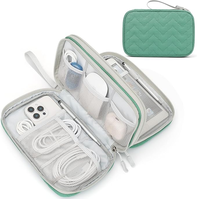 FYY Electronic Organizer, Travel Tech Pouch Bag, Large, Green Quilted