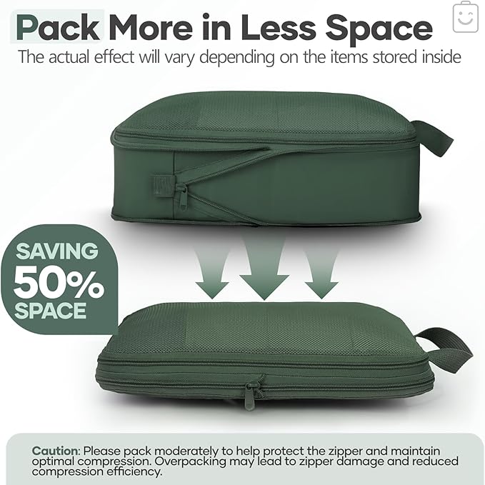 Veken 11 Set Compression Packing Cubes Garment Bags for Travel Essentials,Compressible Expandable Luggage Organizer Bags for Clothing,Space Saver Bags with Over 1000 pcs of Mesh Holes(Dark Green)