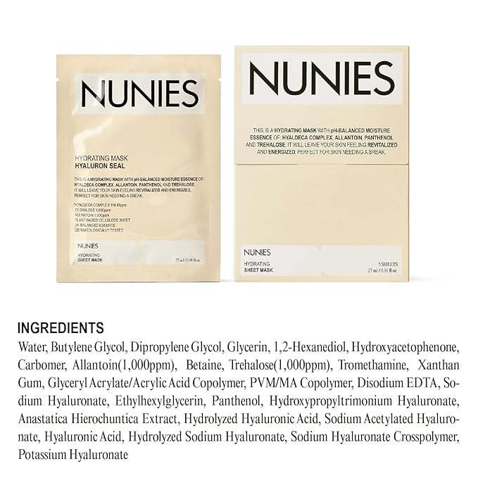 NUNIES Hyaluronic Hydrating Sheet Mask – Korean Moisturizing Face Mask for Dry & Sensitive Skin | Trehalose, Allantoin & Panthenol | Water Essence | Korean Skincare | Fragrance-Free | 5 Sheets
