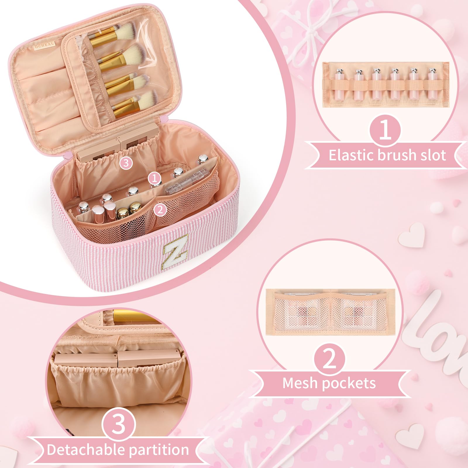 OCHEAL Makeup Bag for Women, Monogram Cosmetic Bag Pink Travel Makeup Case Beauty Toiletry Bag Organizer Personalized Gifts for Girls Bridesmaid, Sister, Wife, Friends Initial Z
