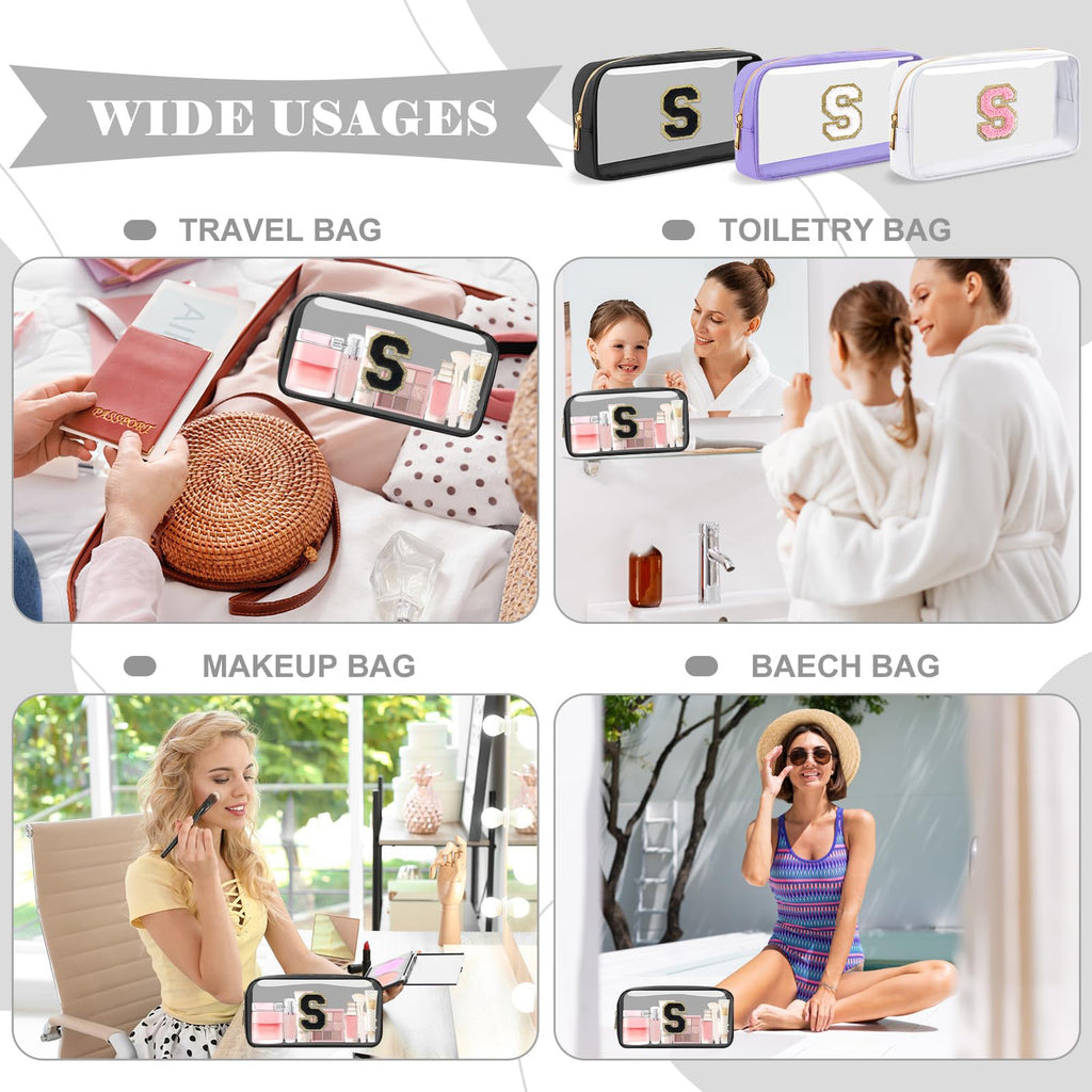 UIXIZQ Personalized Initial Letter Clear Makeup Bag,Preppy Small Nylon&PVC Cosmetic Zipper Bag with Chenille Letter,Travel Skincare Toiletry Bag,Monogram Christmas Gift for Teen Girls Women,S
