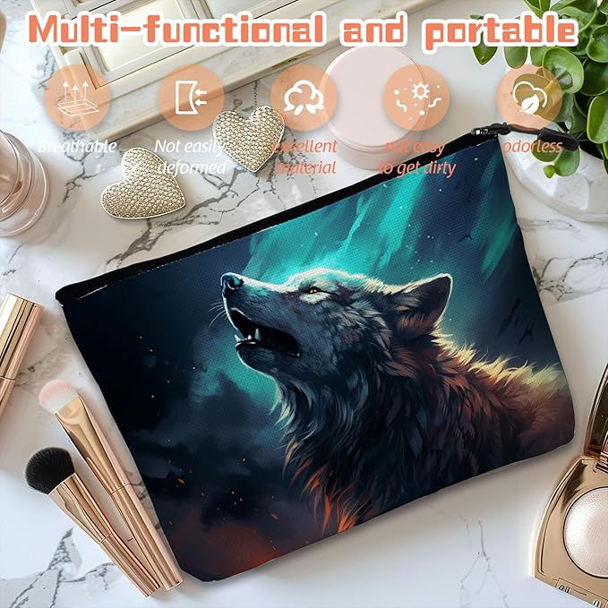 Scribesense Cosmetic Bags Travel Makeup Toilet Case Waterproof Pouch for Women Girls 6.7X9.45inches - Wolf Howling Against A Mysterious Night Sky