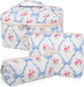 Gosect Makeup Bag Set, Quilted Makeup Bag, Large Floral Cosmetic Bag for Women, Cute Cotton Makeup Bags, Flower Travel Toiletry Organizer Bag (Blue Flower)