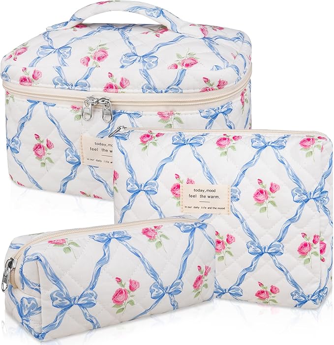 Gosect Makeup Bag Set, Quilted Makeup Bag, Large Floral Cosmetic Bag for Women, Cute Cotton Makeup Bags, Flower Travel Toiletry Organizer Bag (Blue Flower)