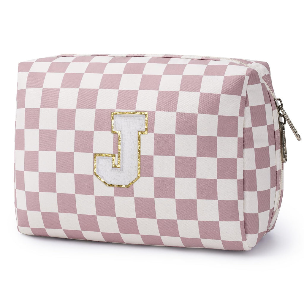 Narwey Birthday Gifts for Teen Girls Kids Women Personalized Initial Checkered Makeup Bag Pink Monogram Cosmetic Bag Trendy Stuff 6 8 10 11 12 13 14 16 18 Years Old Travel Toiletry Bag (Dusty Rose J)