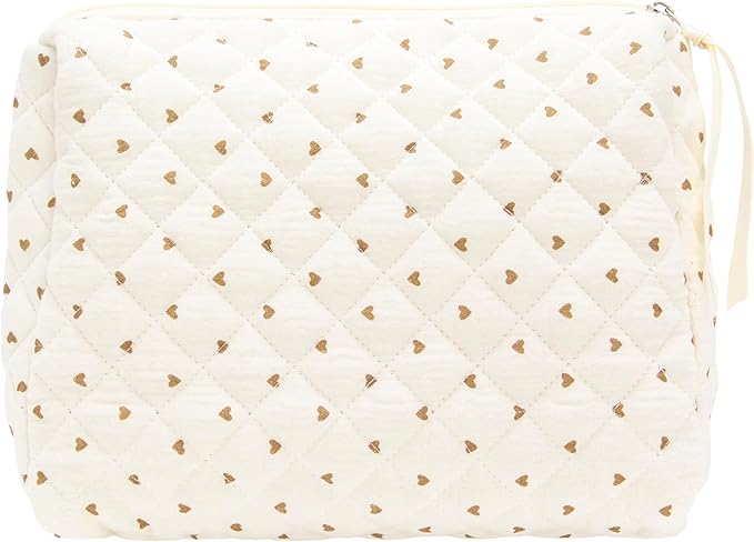 Quilted Makeup Pouch for Women, Travel Cosmetic&Toiletry Bag,Gauze Heart