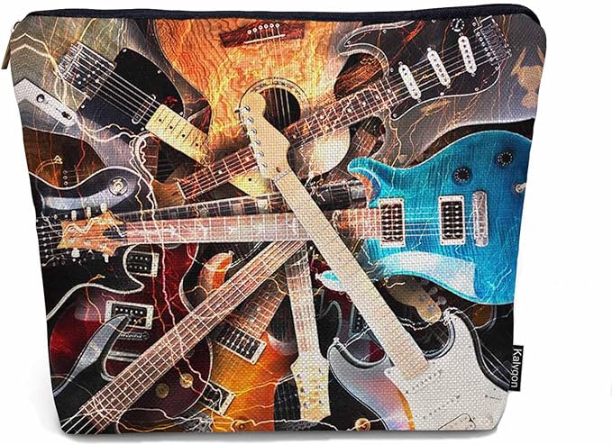 Kalygon Rock Guitar Makeup Bag For Women, Adorable Cosmetic Bag Makeup Bags, Lightning Music Guitar Zipper Bag Travel Bags Toiletry Organizers Pouch Bags Washing Bags For Gym Bathroom