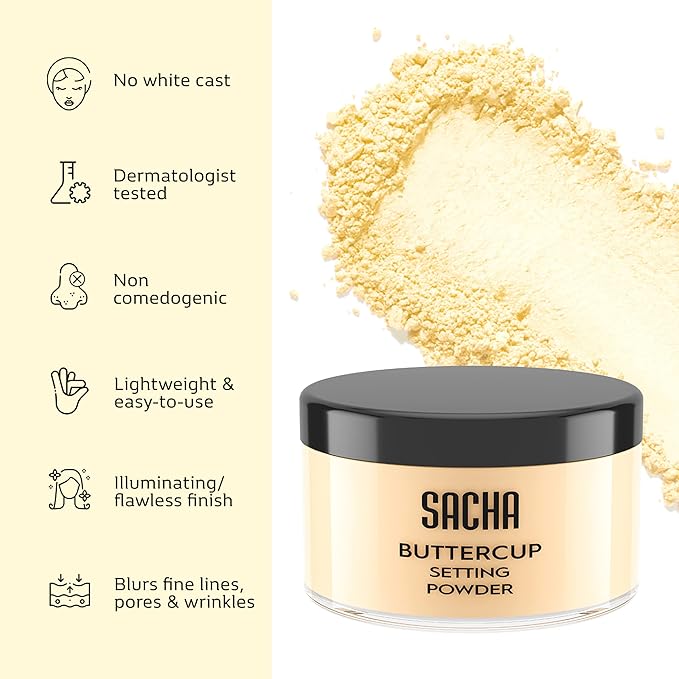 Sacha Buttercup Light Setting Powder – Light to Medium Skin Tones Translucent Loose Face Powder, Flashback-Resistant, Oil Control, Long-Wear Matte Finish (1.75 oz)