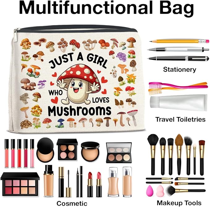 UPNEGE Mushroom Gifts Makeup Bag Mushroom Gifts for Women Teen Girls Sister Friend, Mushroom Lovers Gifts, Just a Girl Who Loves Mushrooms Zipper Makeup Pouch