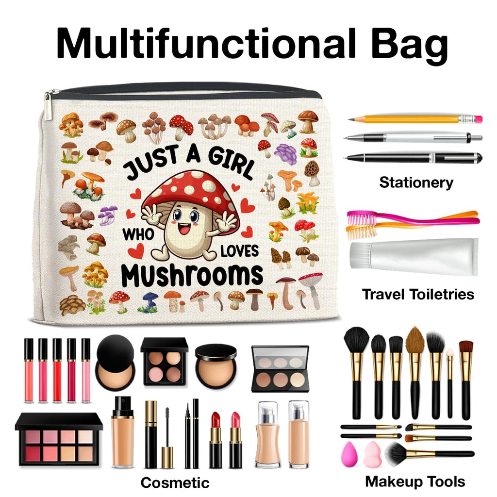 UPNEGE Mushroom Gifts Makeup Bag Mushroom Gifts for Women Teen Girls Sister Friend, Mushroom Lovers Gifts, Just a Girl Who Loves Mushrooms Zipper Makeup Pouch