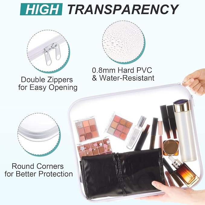 Hoolerry 3 Pcs Clear Hard Zipper Case Hard Plastic Zipper Pouch Makeup Bag Portable Travel Organizer for Cosmetics, Office Supplies, Documents & Toiletries(White,L)
