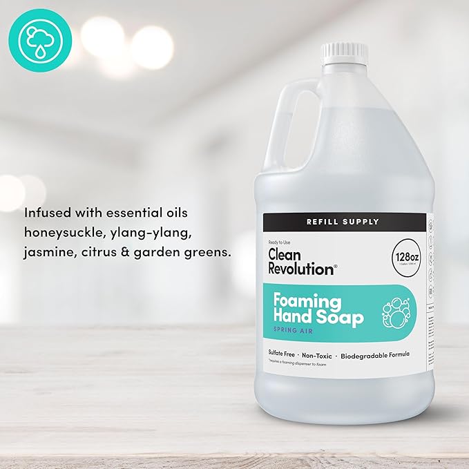 Clean Revolution Foaming Hand Soap Refill with Real Essential Oils, Moisturizing Sulfate-Free Hand Soap, Ready-to-Use Foam Soap Refill for Kitchen & Bathroom, Spring Air (128oz, 4 Pack)
