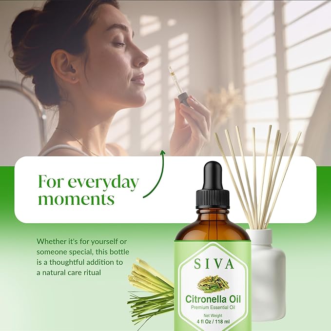 Siva Citronella Essential Oil, Glass Bottle with Dropper, 4 Fl Oz (118 ml)