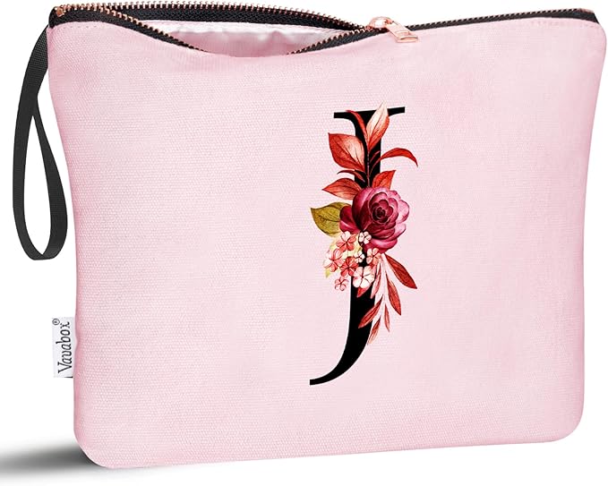 Vavabox A-Z Personalized Makeup Bag, Birthday Gifts for Women Mom, Gifts for Best Friend, Bride Bridesmaid Cosmetic bag (J, 06-Pink)