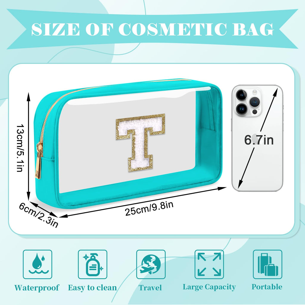 Personalized Initial Letter Clear Makeup Bag,Preppy Small Nylon&PVC Cosmetic Zipper Bag with Chenille Letter,Portable Beach Travel Skincare Toiletry Bag,Trendy Monogram Gift for Teen Girls Women,T